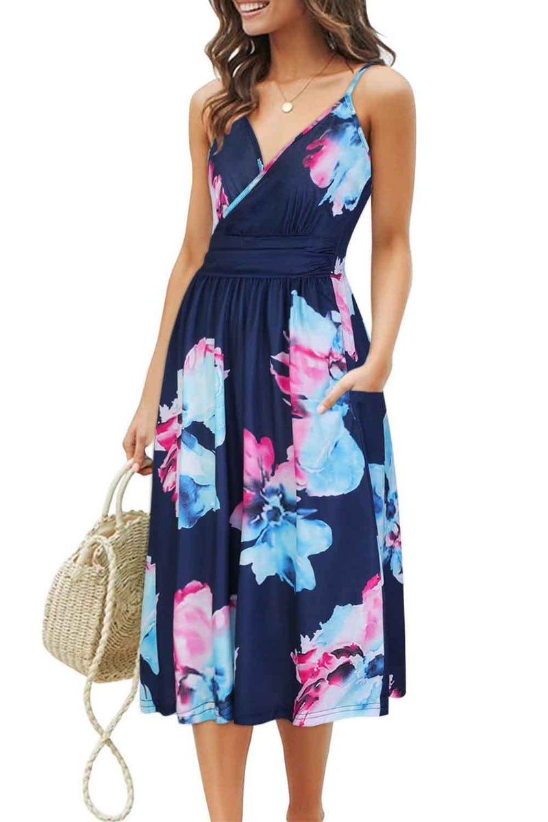 OUGES Women's Summer Spaghetti Strap V-Neck Floral Midi Casual Dress with Pockets(Floral01-452,M) - Image 1
